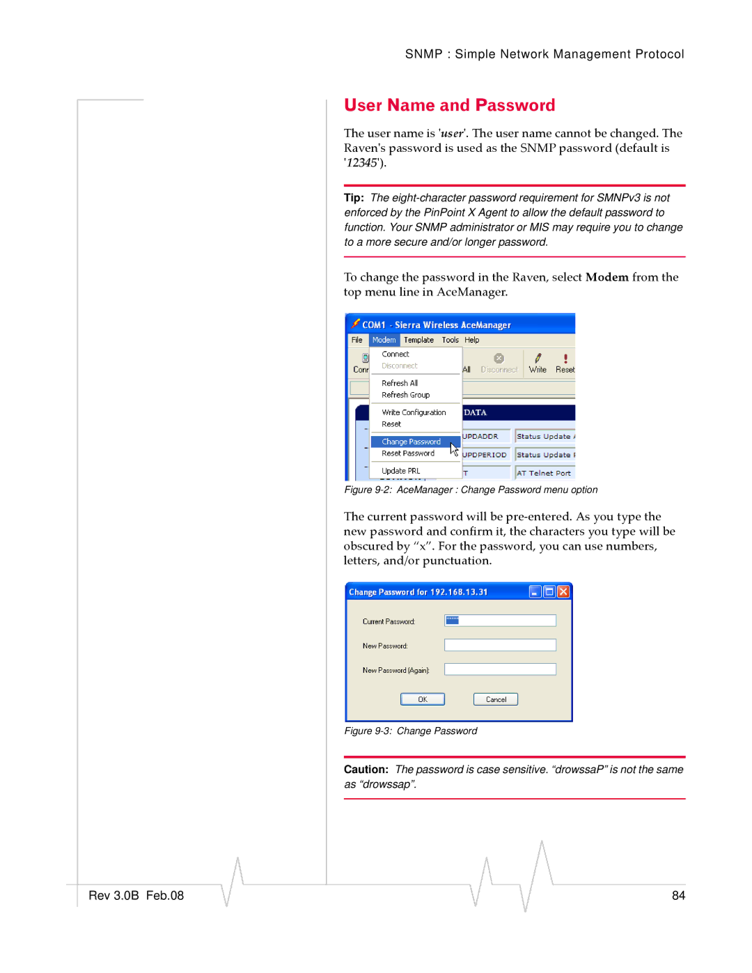 Sierra Wireless 20070914 manual User Name and Password, AceManager Change Password menu option 