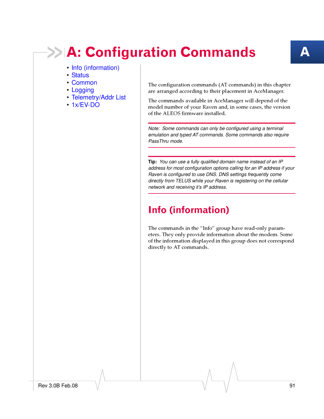 Sierra Wireless 20070914 manual Configuration Commands, Info information 