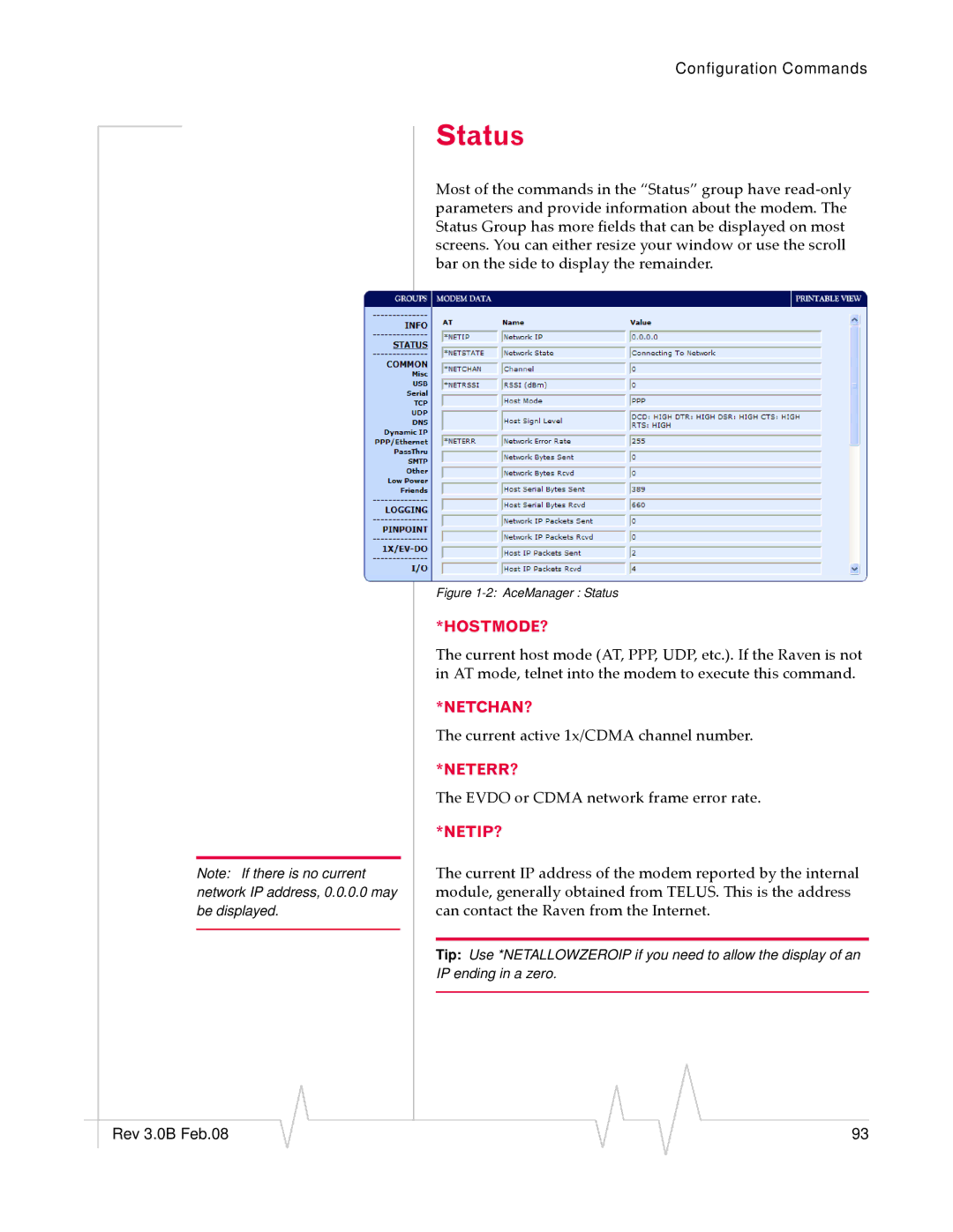 Sierra Wireless 20070914 manual Status, Hostmode?, Netchan?, Neterr?, Netip? 