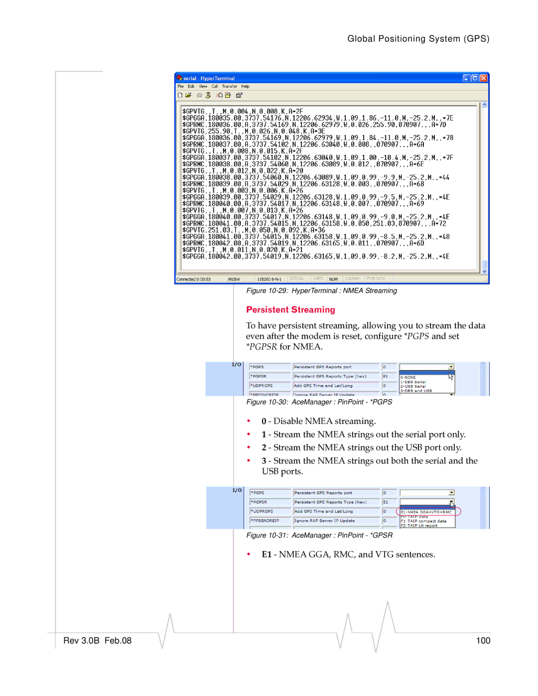 Sierra Wireless 20070914 manual Persistent Streaming, HyperTerminal Nmea Streaming 