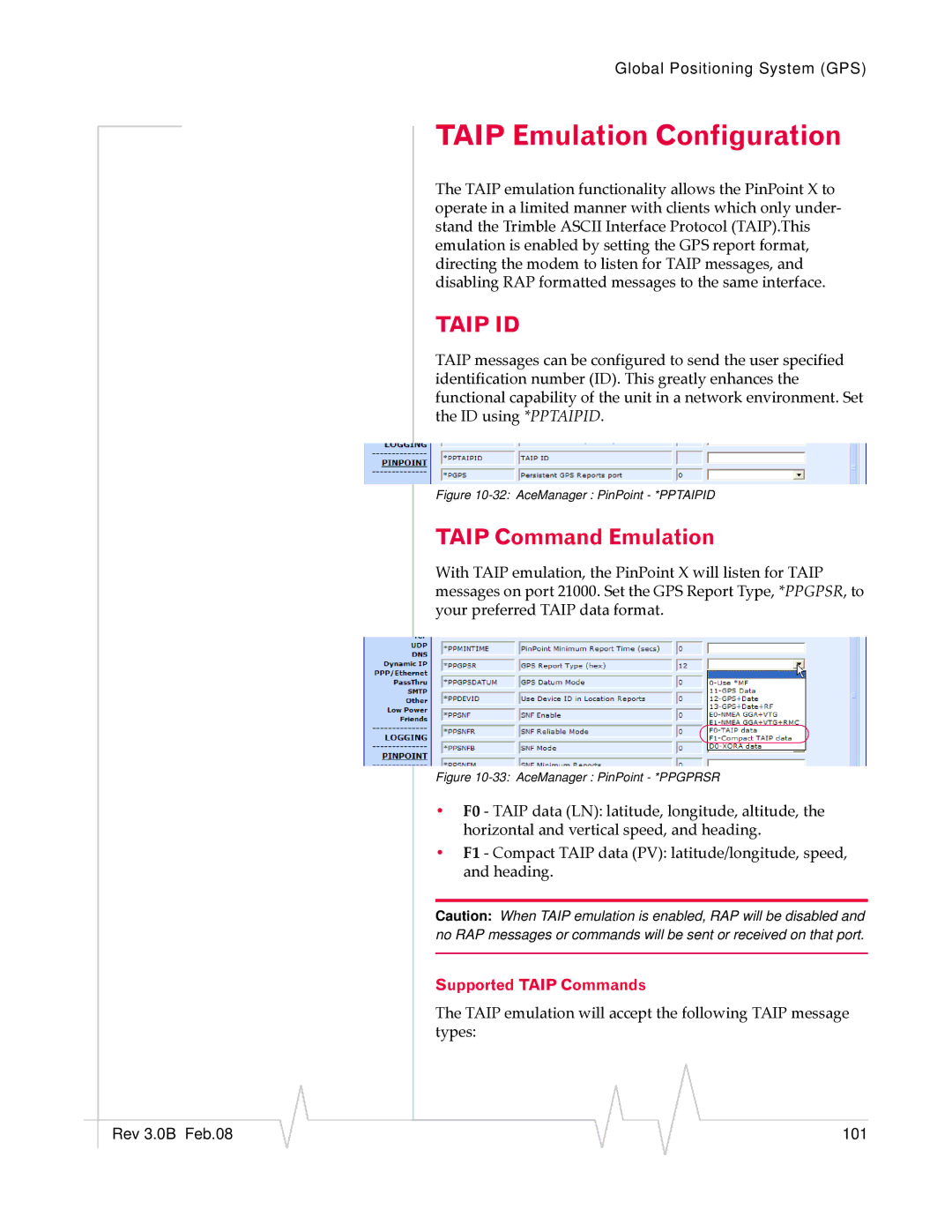 Sierra Wireless 20070914 manual Taip Emulation Configuration, Taip Command Emulation, Supported Taip Commands 