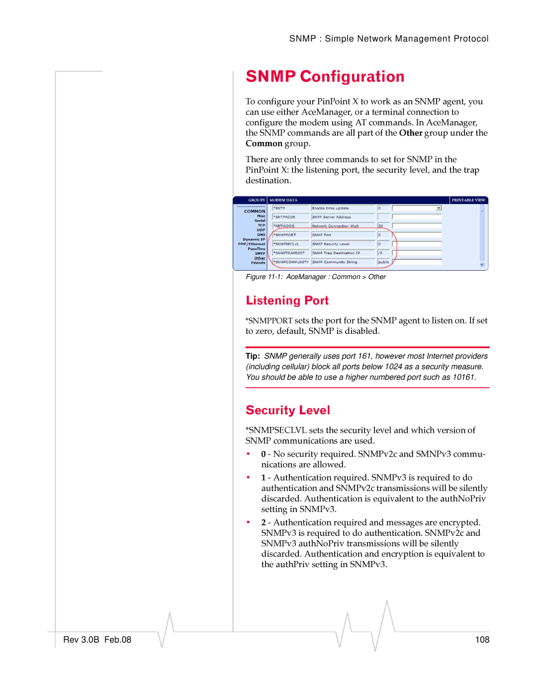 Sierra Wireless 20070914 manual Snmp Configuration, Listening Port, Security Level 