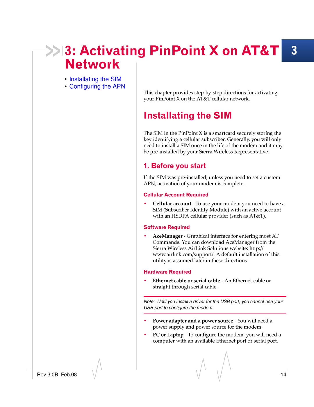 Sierra Wireless 20070914 manual Activating PinPoint X on AT&T 3 Network, Installating the SIM, Before you start 