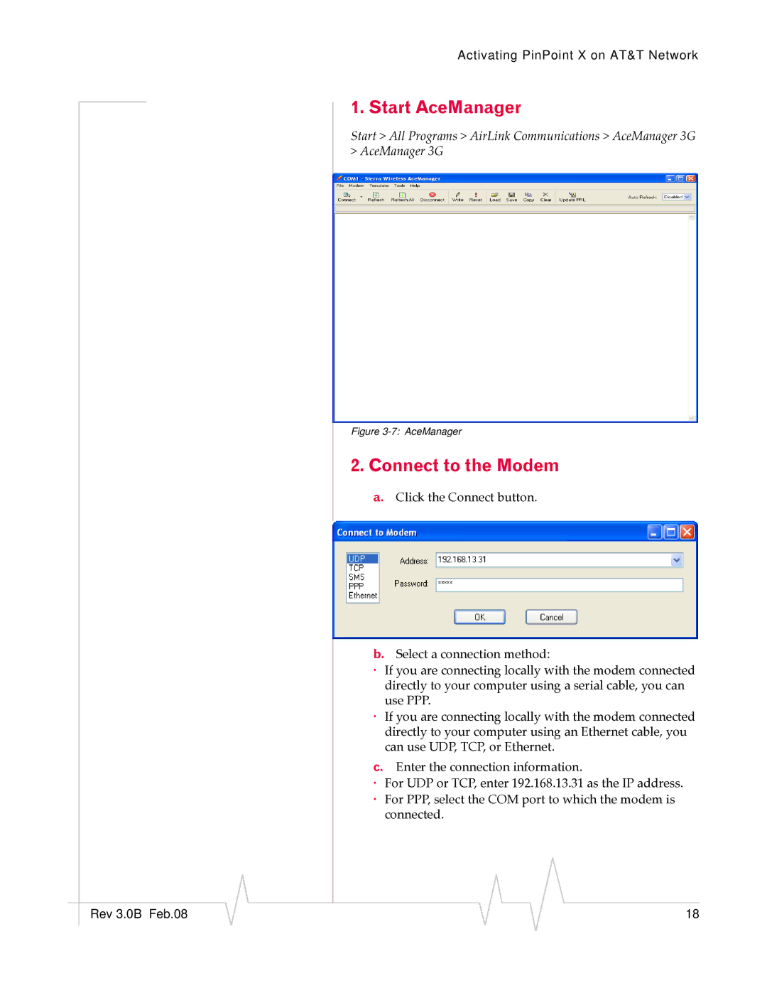 Sierra Wireless 20070914 manual Start AceManager, Connect to the Modem 