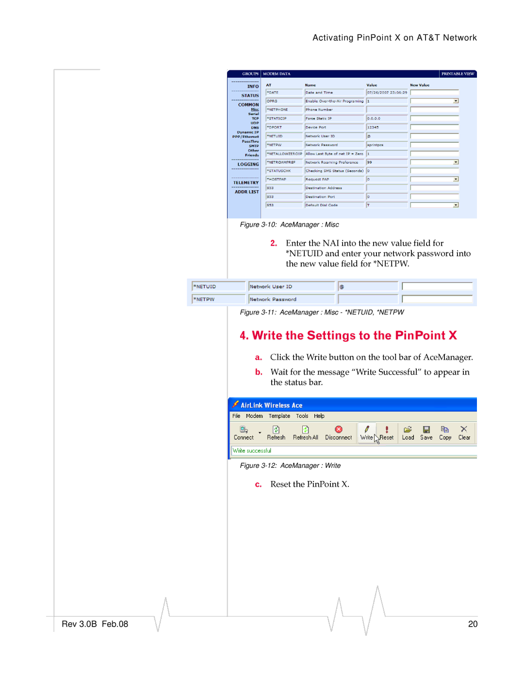 Sierra Wireless 20070914 manual Write the Settings to the PinPoint, AceManager Misc 