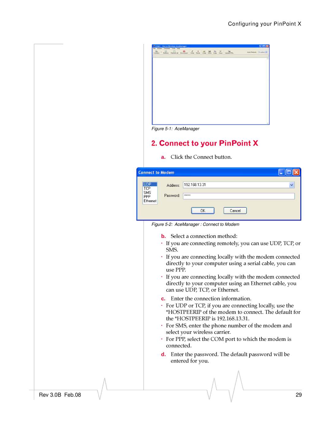 Sierra Wireless 20070914 manual Connect to your PinPoint, AceManager Connect to Modem 