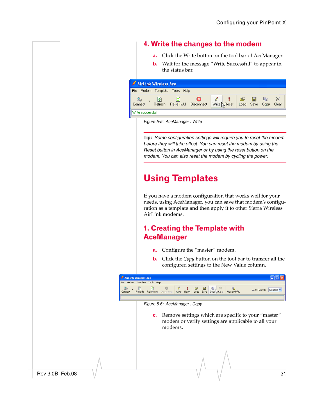 Sierra Wireless 20070914 manual Using Templates, Write the changes to the modem, Creating the Template with AceManager 