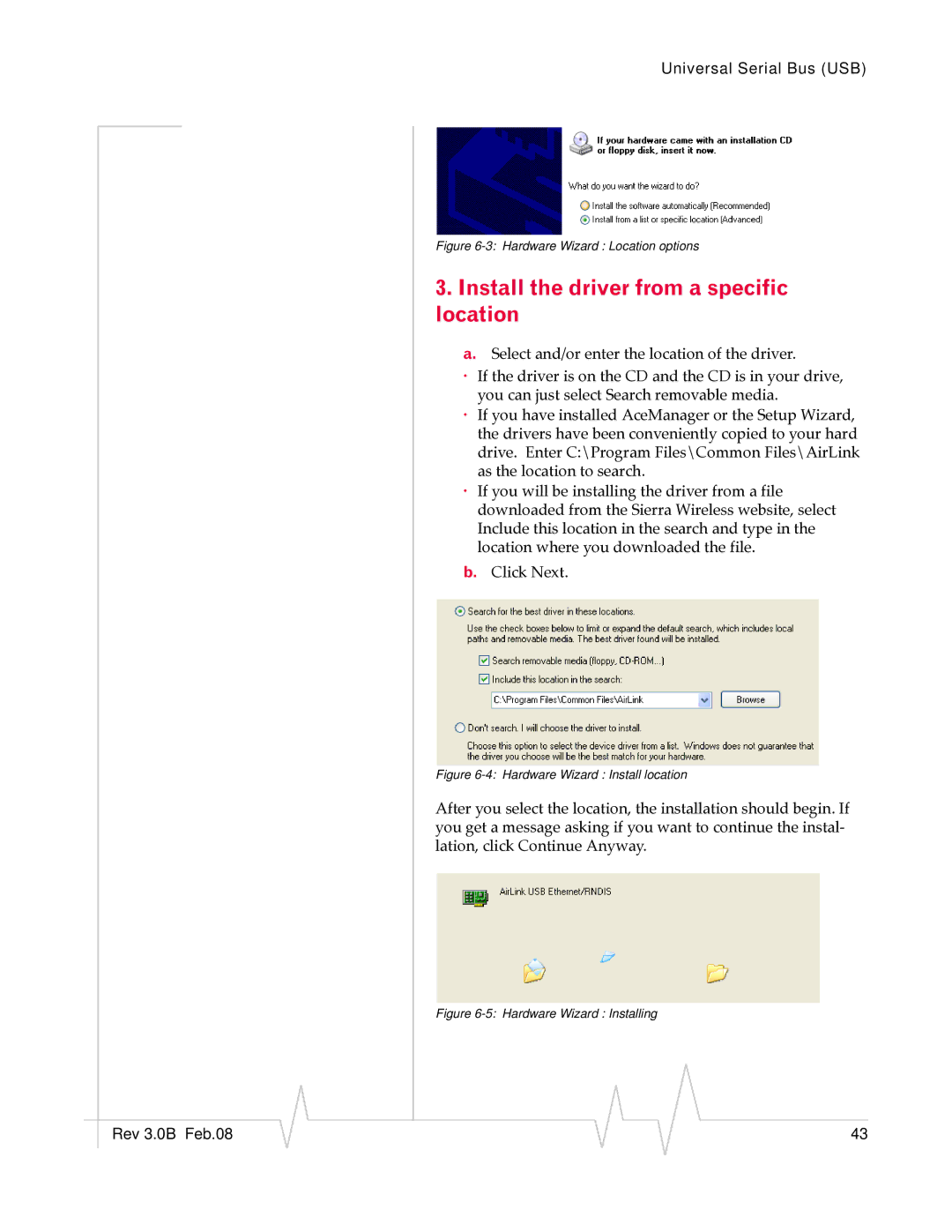 Sierra Wireless 20070914 manual Install the driver from a specific location, Hardware Wizard Location options 