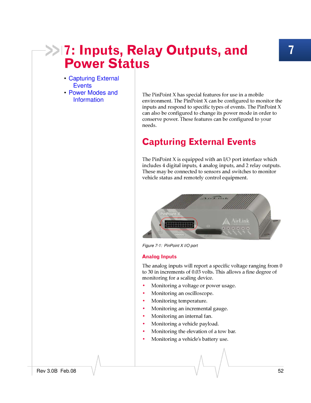 Sierra Wireless 20070914 manual Inputs, Relay Outputs, Power Status, Capturing External Events, Analog Inputs 