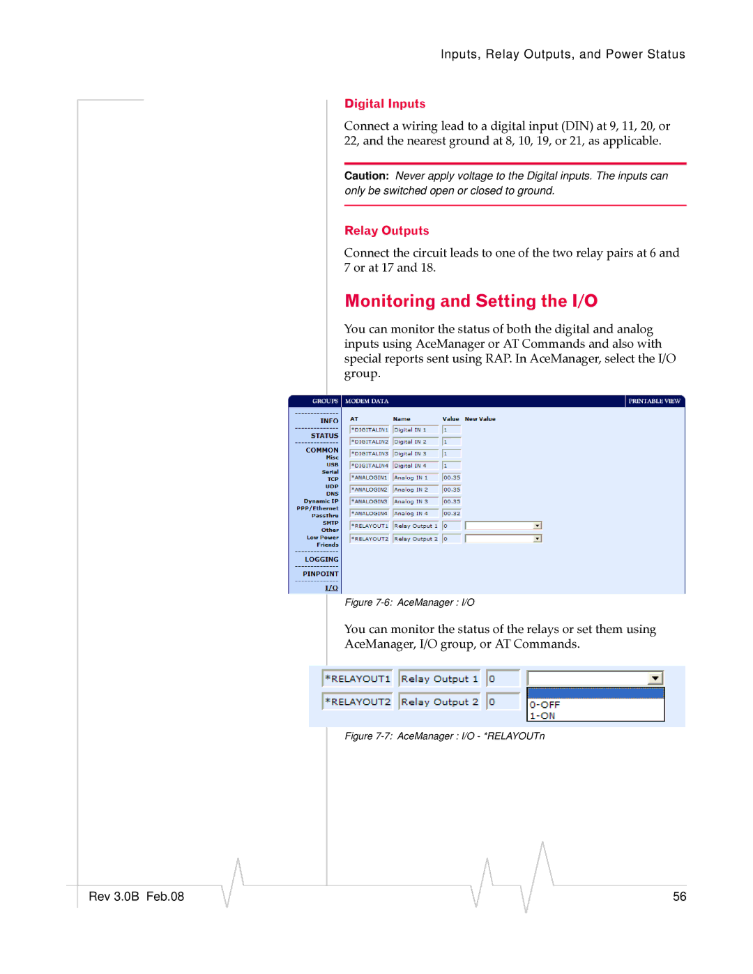 Sierra Wireless 20070914 manual Monitoring and Setting the I/O, AceManager I/O 