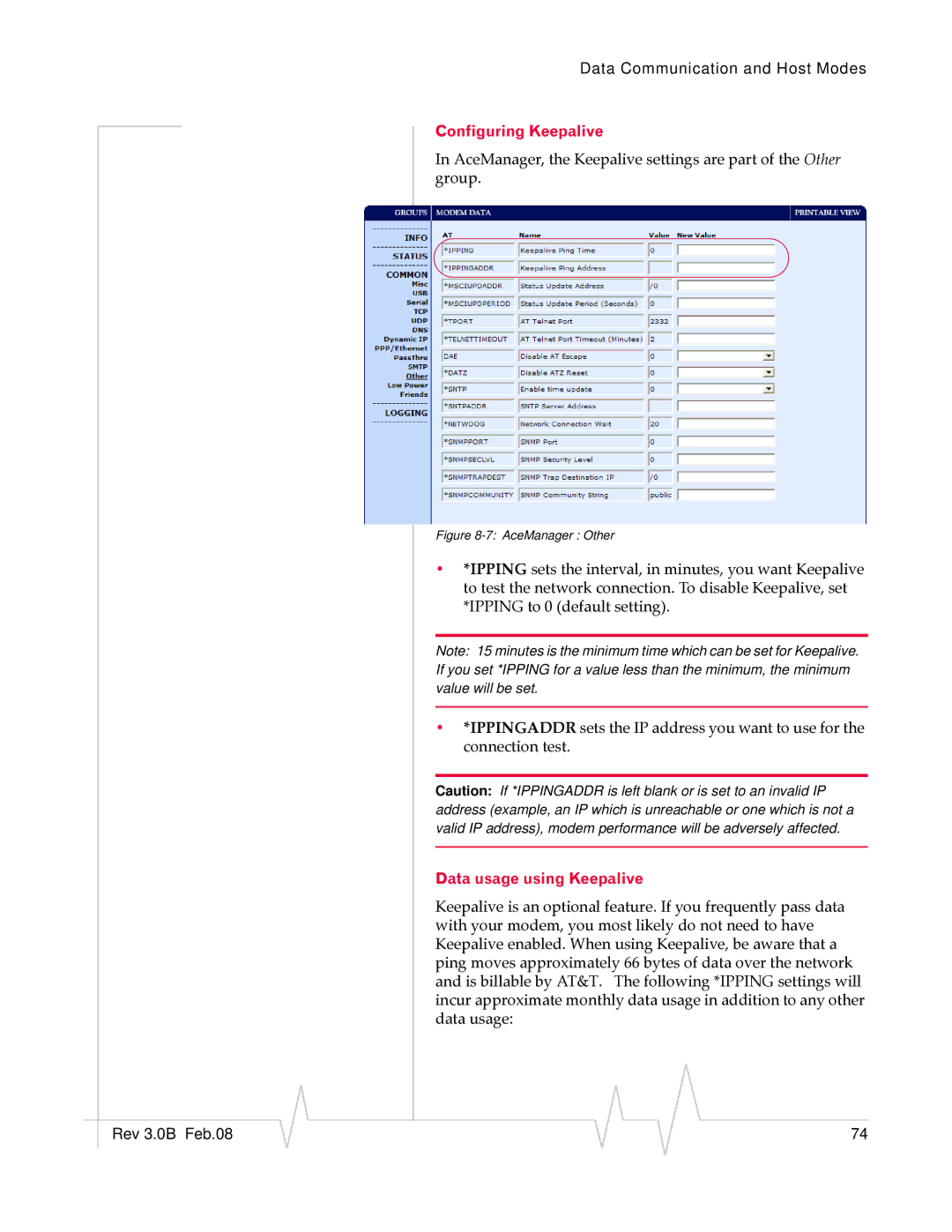 Sierra Wireless 20070914 manual Configuring Keepalive, Data usage using Keepalive 