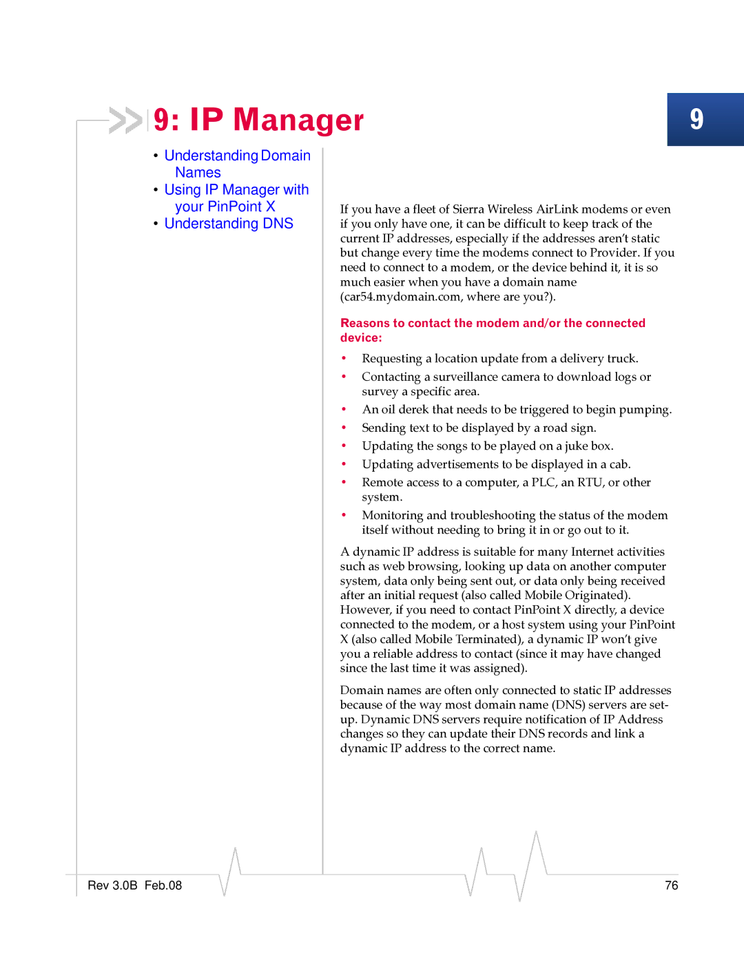 Sierra Wireless 20070914 manual IP Manager, Reasons to contact the modem and/or the connected device 