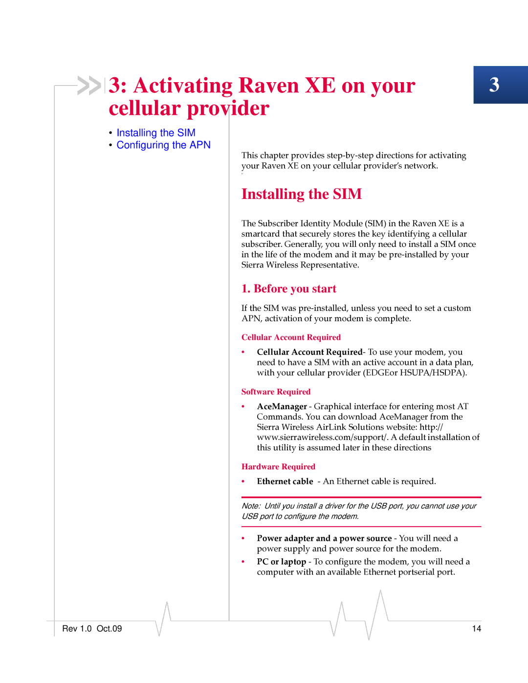 Sierra Wireless 20080605 manual Activating Raven XE on your Cellular provider, Installing the SIM, Before you start 