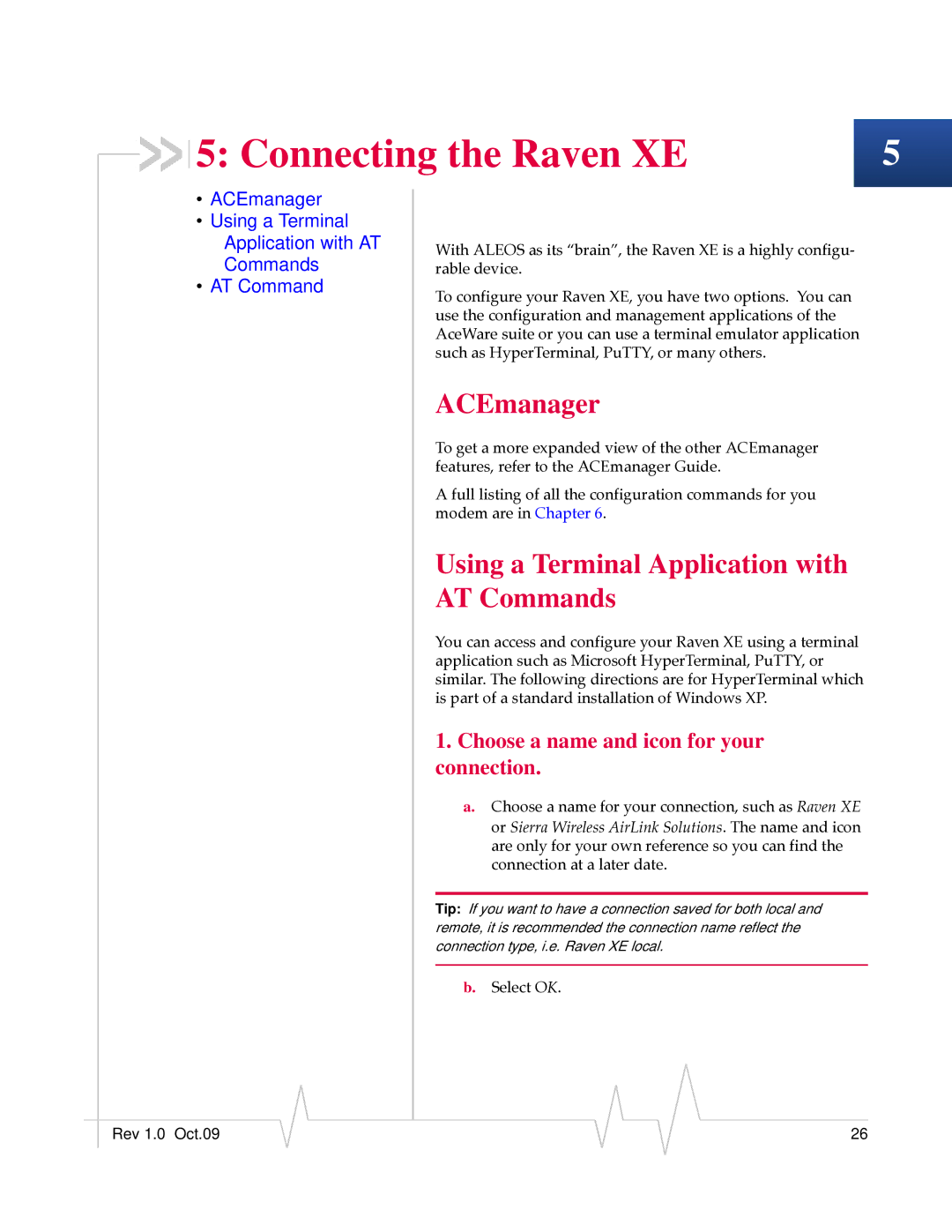 Sierra Wireless 20080605 manual Connecting the Raven XE, ACEmanager, Using a Terminal Application with AT Commands 