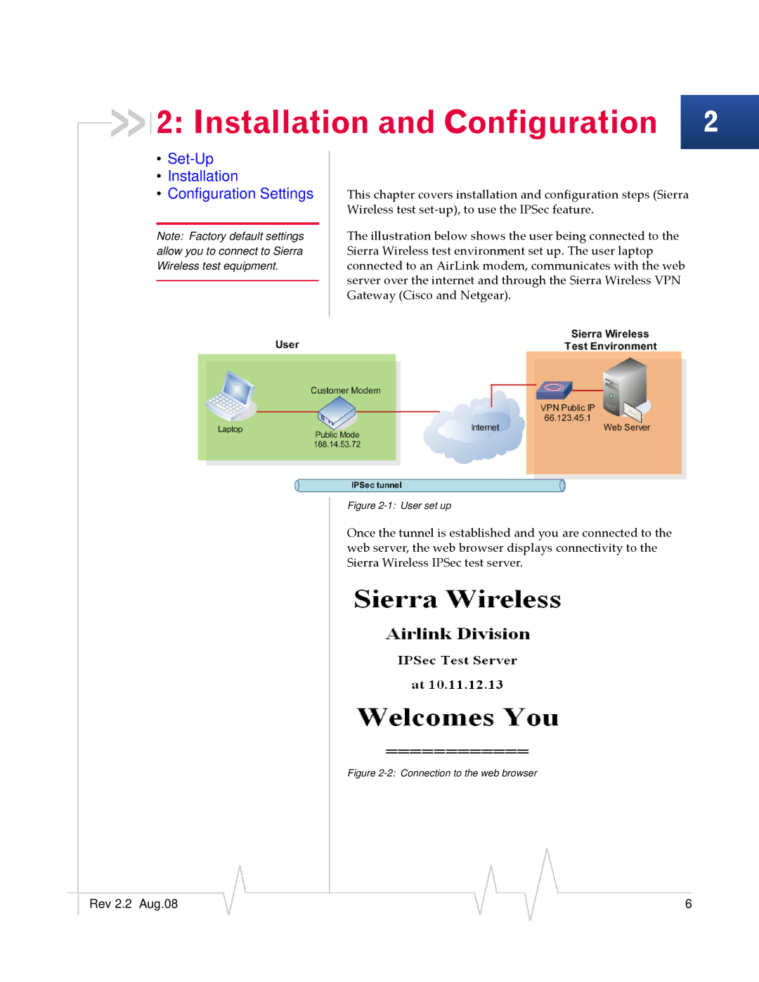 Sierra Wireless 2120028 manual Installation and Configuration, Set-Up Installation Configuration Settings 