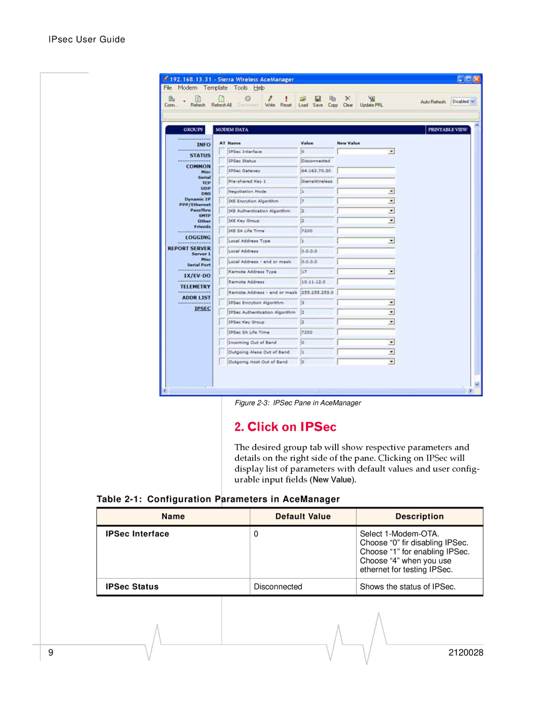 Sierra Wireless 2120028 manual Click on IPSec, Configuration Parameters in AceManager 