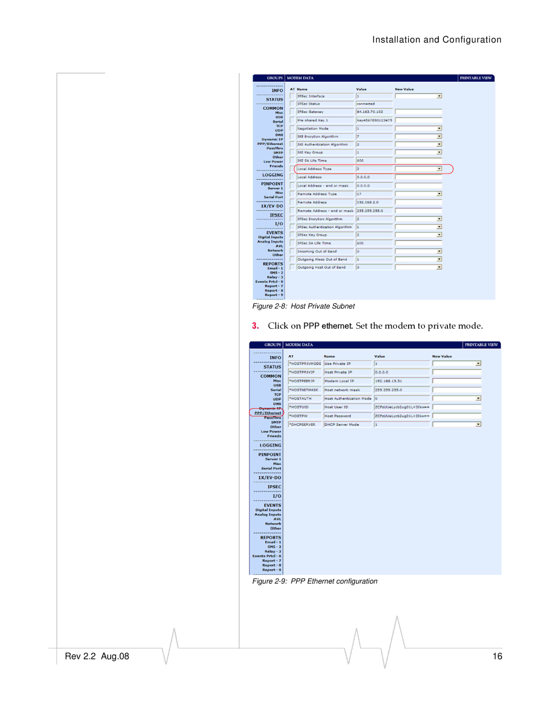 Sierra Wireless 2120028 manual Click on PPP ethernet. Set the modem to private mode 