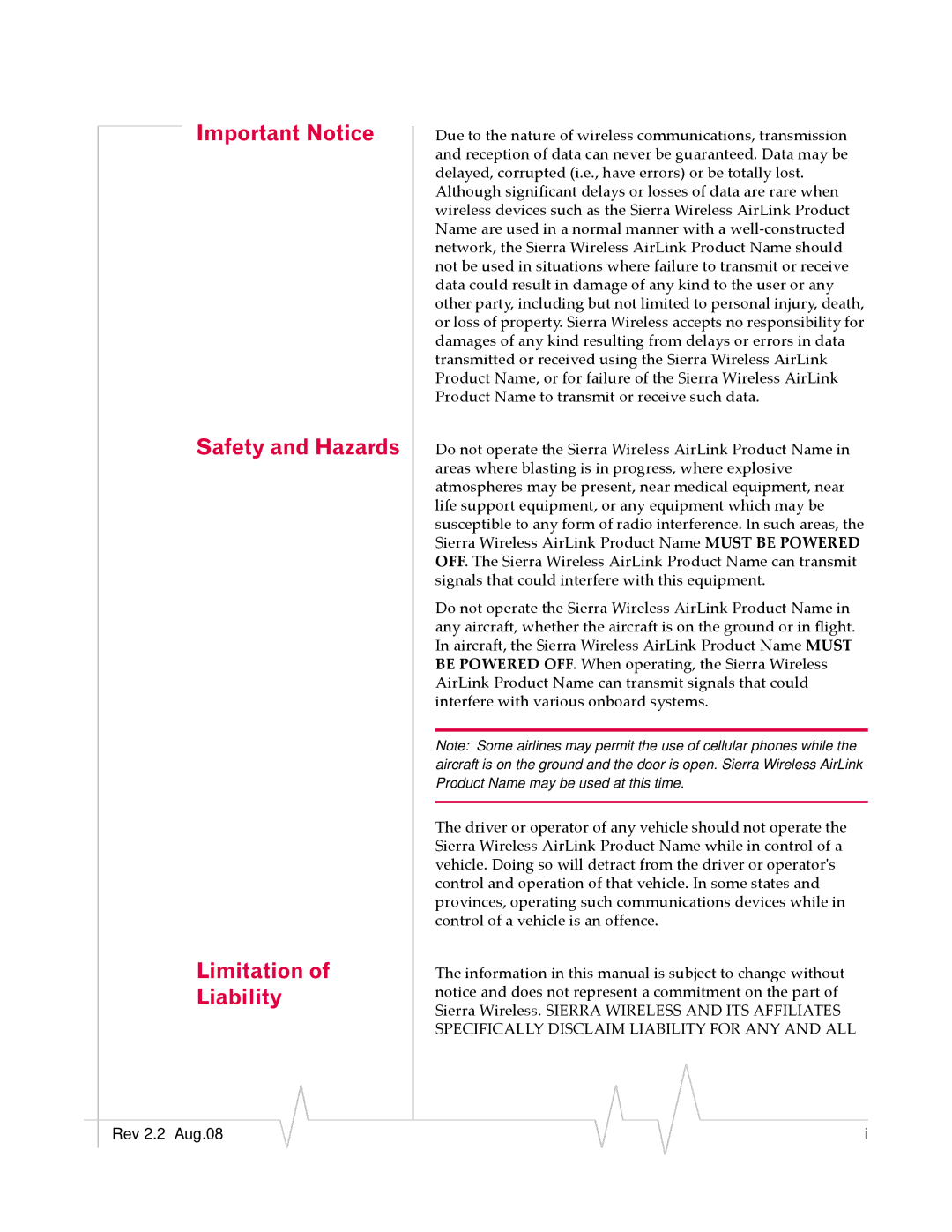 Sierra Wireless 2120028 manual Important Notice Safety and Hazards Limitation Liability 