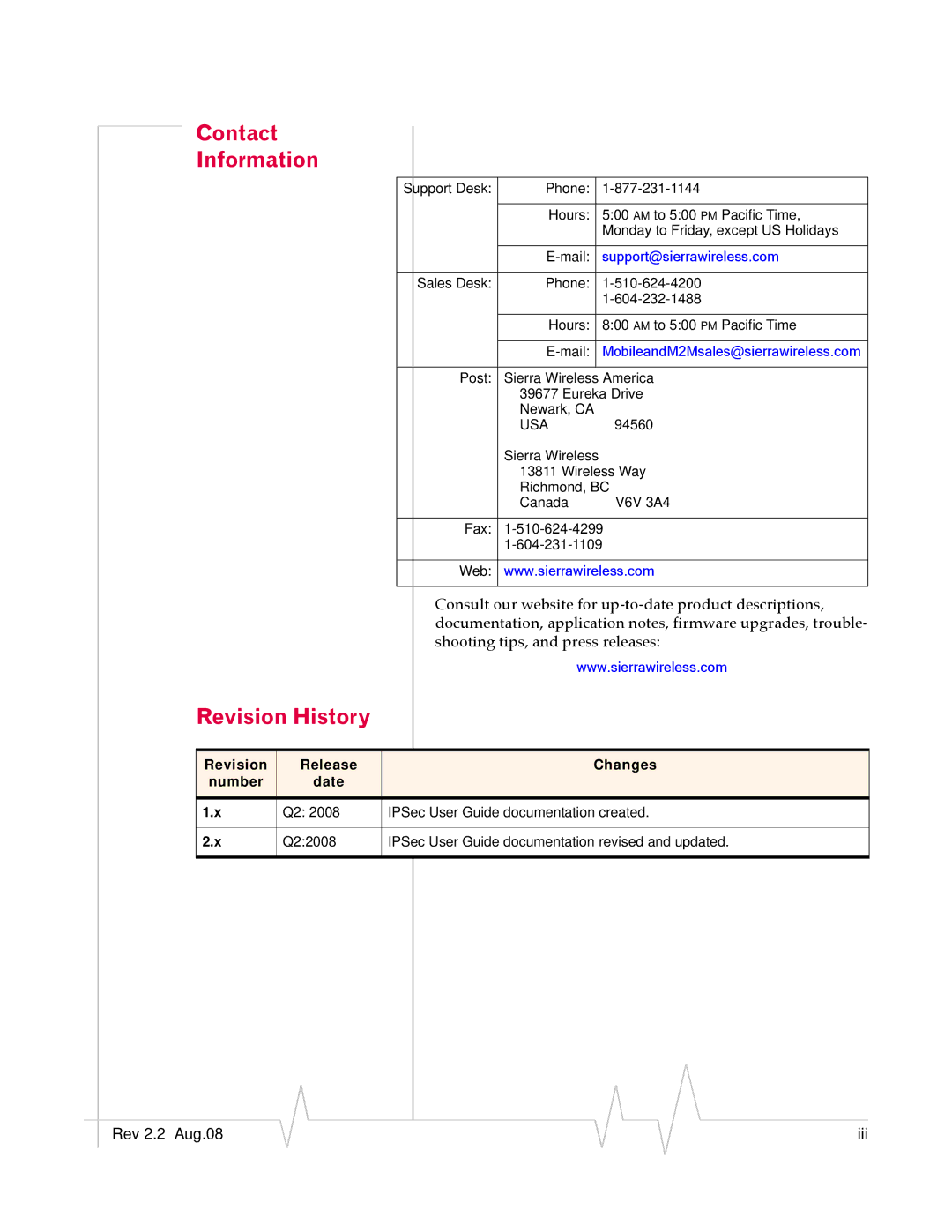 Sierra Wireless 2120028 manual Contact Information, Revision History 