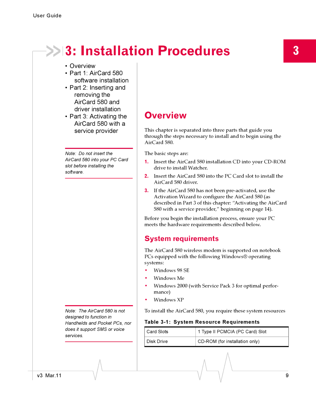 Sierra Wireless 2130374 v3 manual Installation Procedures, Overview, System requirements, System Resource Requirements 