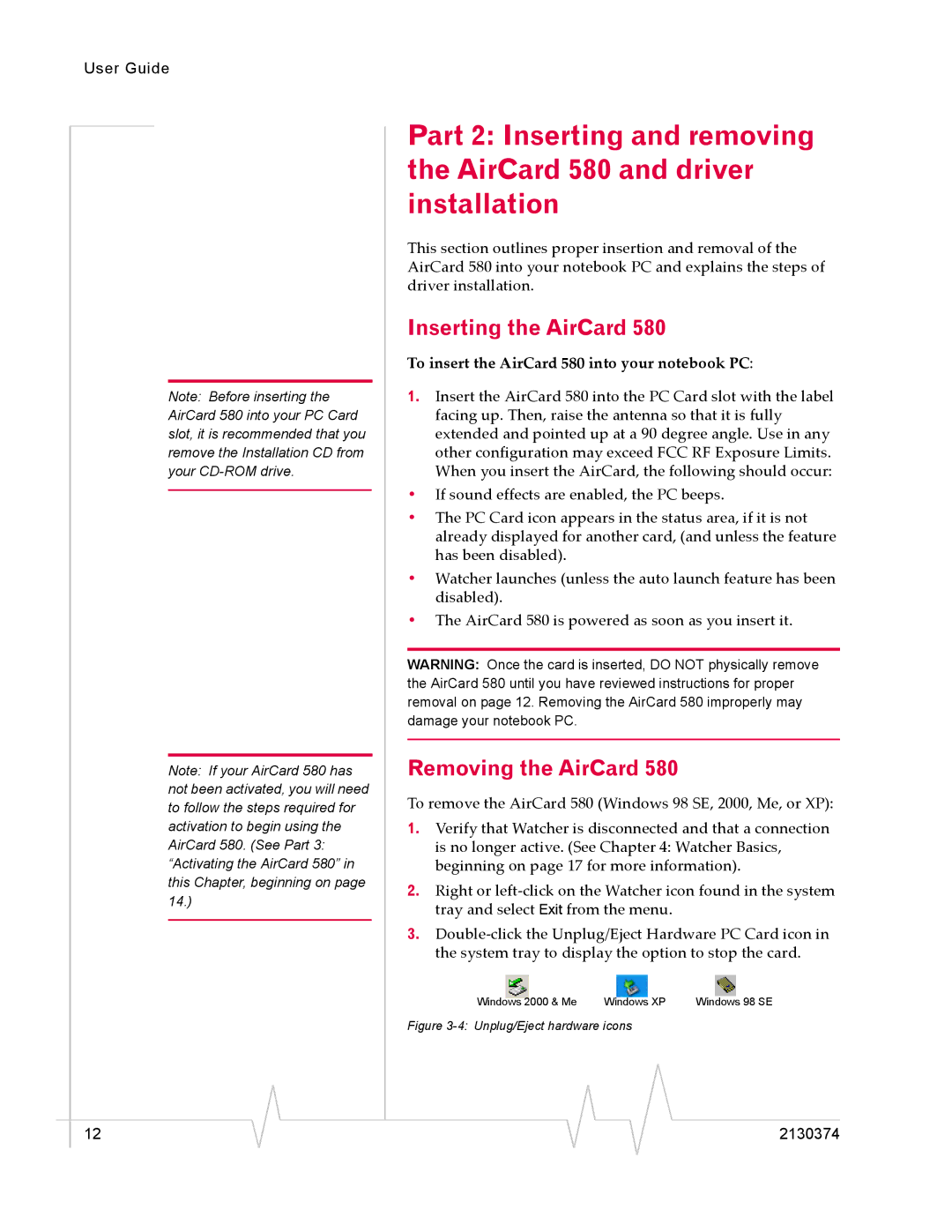 Sierra Wireless 2130374 v3 Inserting the AirCard, Removing the AirCard, To insert the AirCard 580 into your notebook PC 