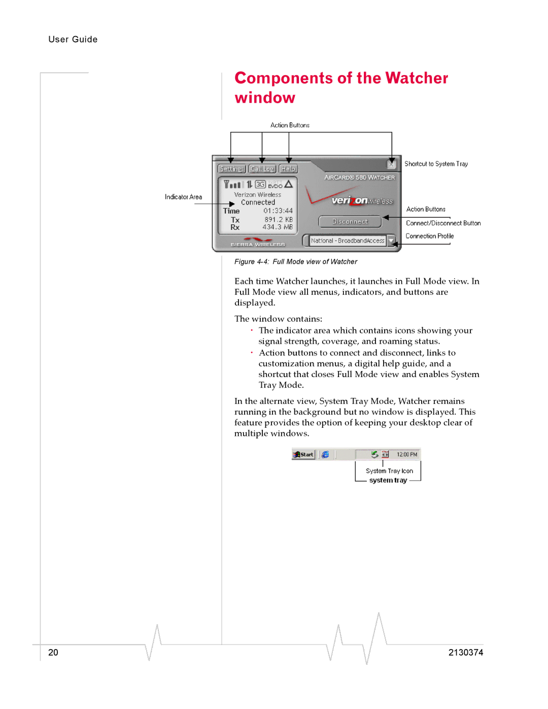 Sierra Wireless 2130374 v3 manual Components of the Watcher window, Full Mode view of Watcher 