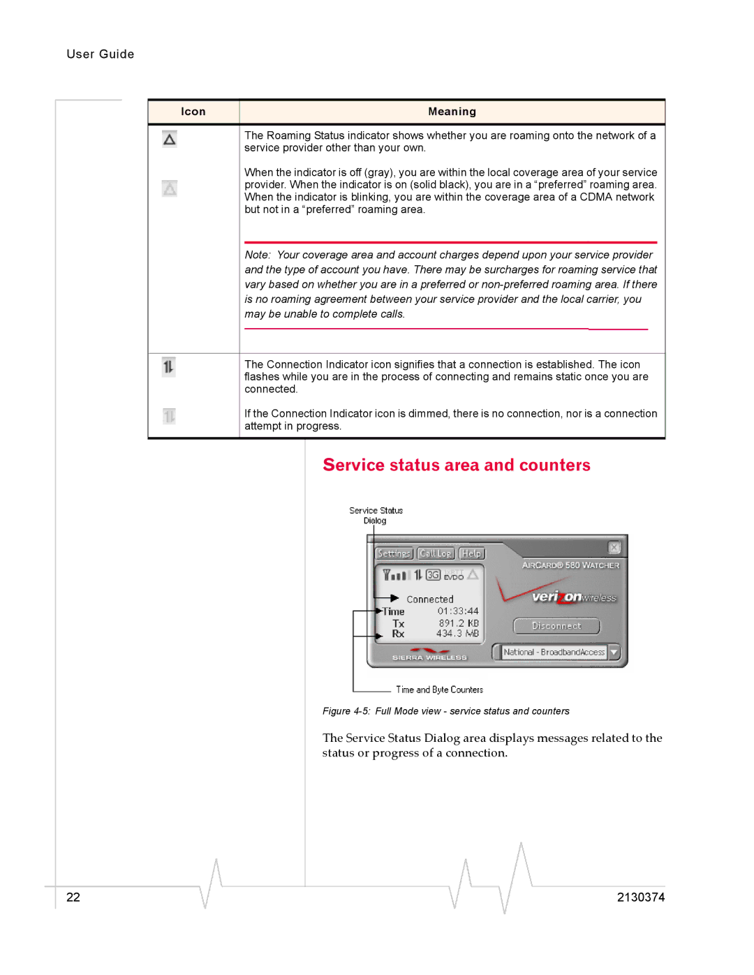 Sierra Wireless 2130374 v3 manual Service status area and counters, Service provider other than your own 