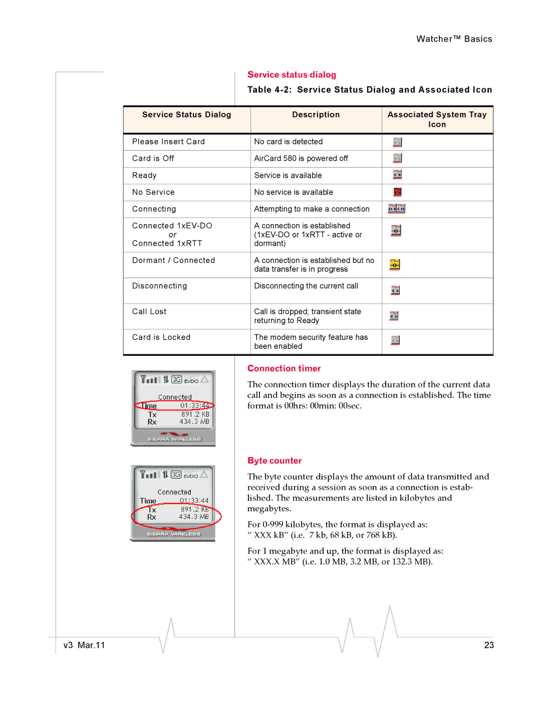 Sierra Wireless 2130374 v3 manual Service status dialog, Service Status Dialog and Associated Icon, Connection timer 