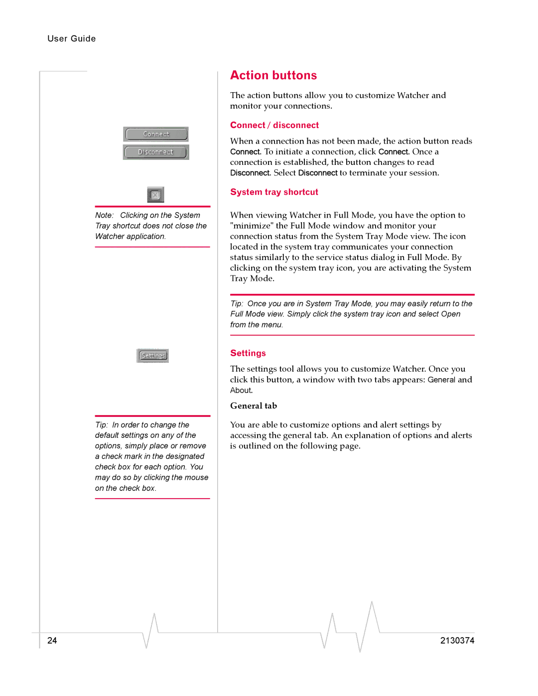 Sierra Wireless 2130374 v3 manual Action buttons, Connect / disconnect, System tray shortcut, Settings, General tab 