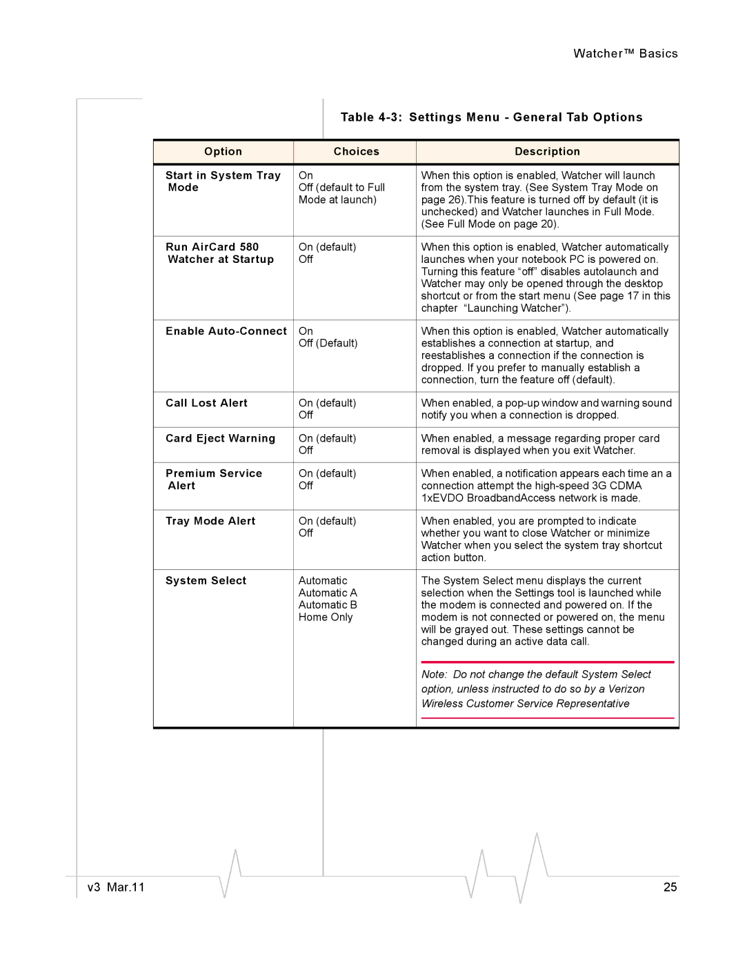 Sierra Wireless 2130374 v3 manual Settings Menu General Tab Options 