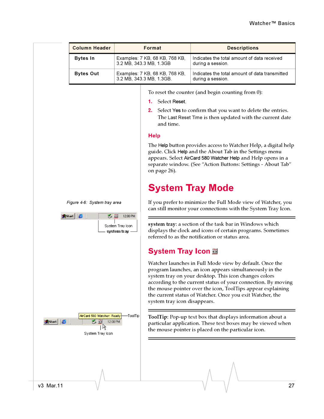 Sierra Wireless 2130374 v3 System Tray Mode, System Tray Icon, Help, Column Header Format Descriptions Bytes, Bytes Out 