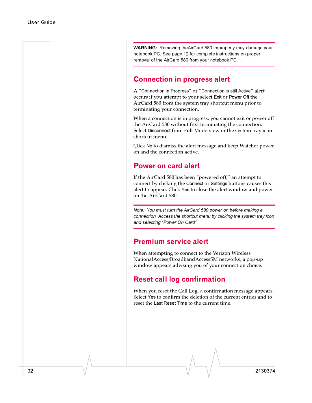 Sierra Wireless 2130374 v3 manual Connection in progress alert, Power on card alert, Premium service alert 