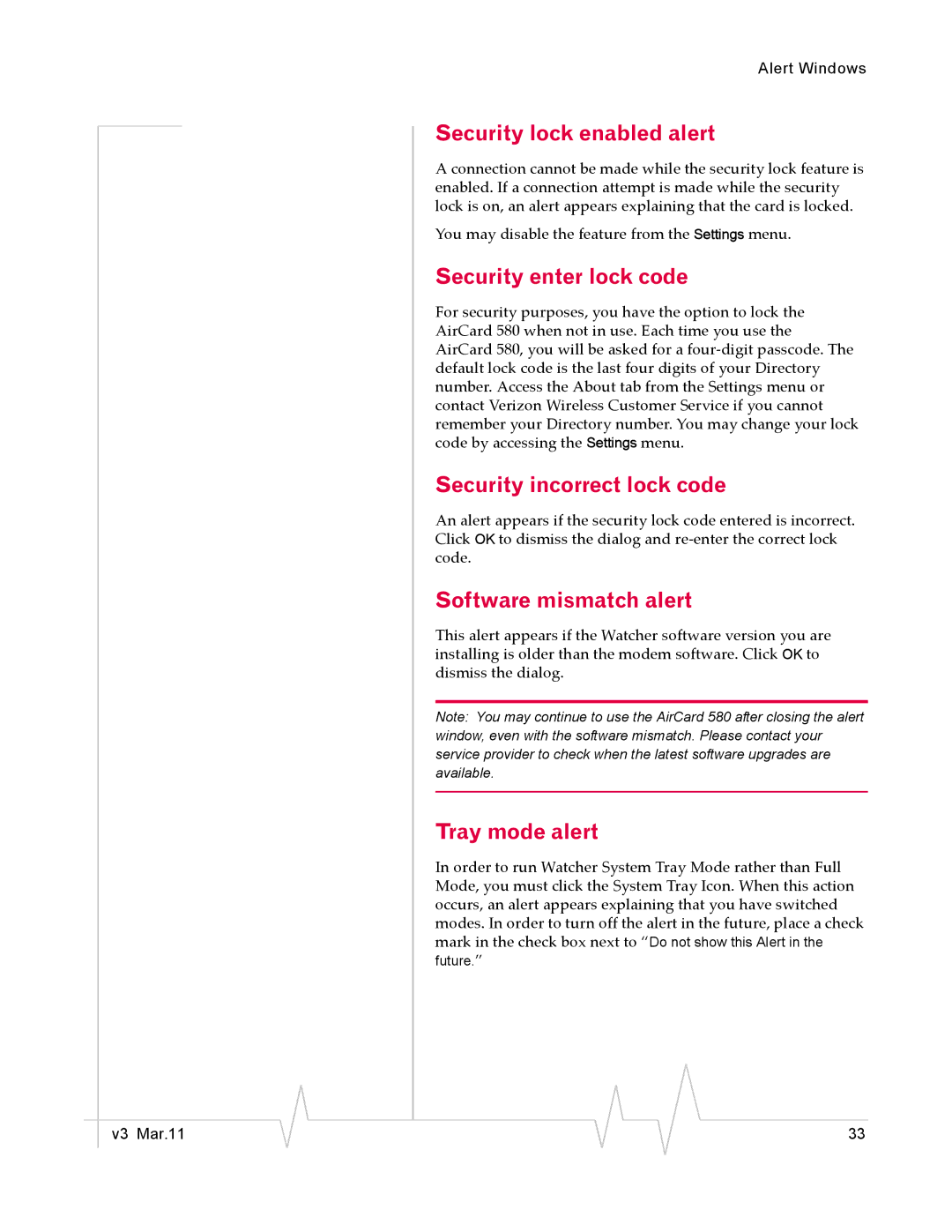 Sierra Wireless 2130374 v3 manual Security lock enabled alert, Security enter lock code, Security incorrect lock code 