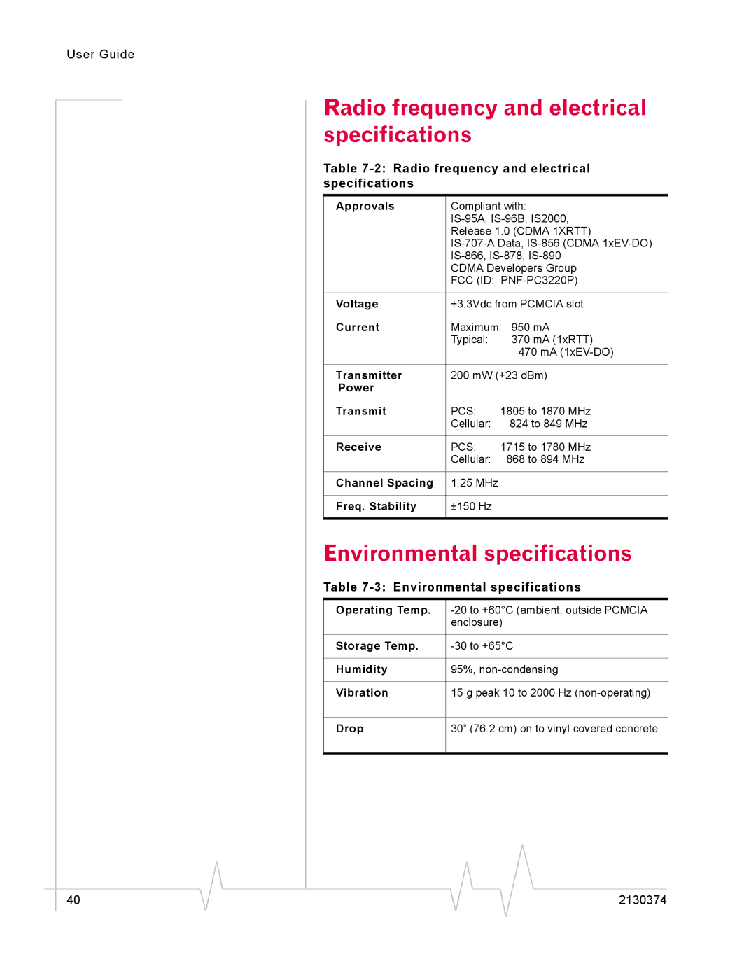 Sierra Wireless 2130374 v3 manual Radio frequency and electrical specifications, Environmental specifications 