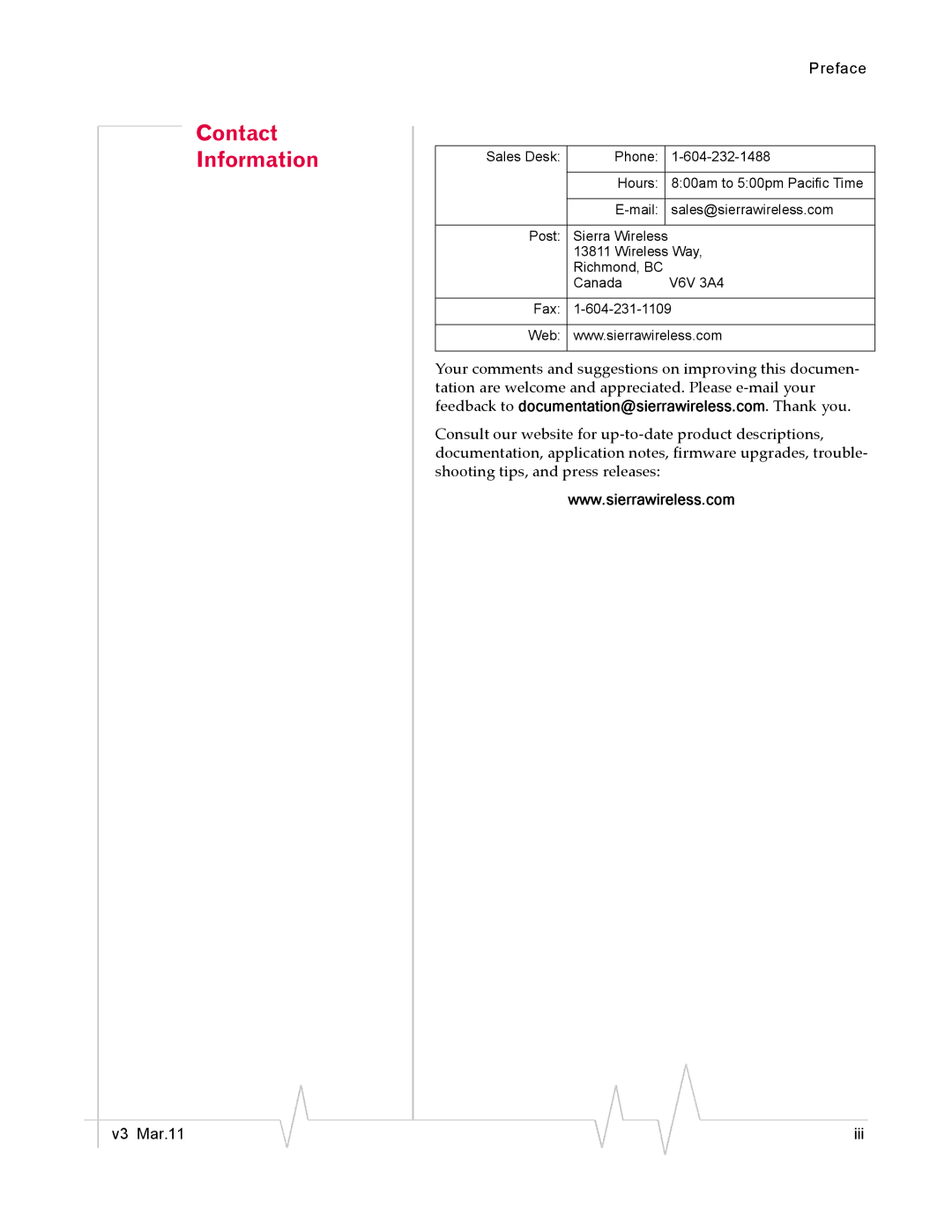 Sierra Wireless 2130374 v3 manual Contact Information, Your comments and suggestions on improving this documen 