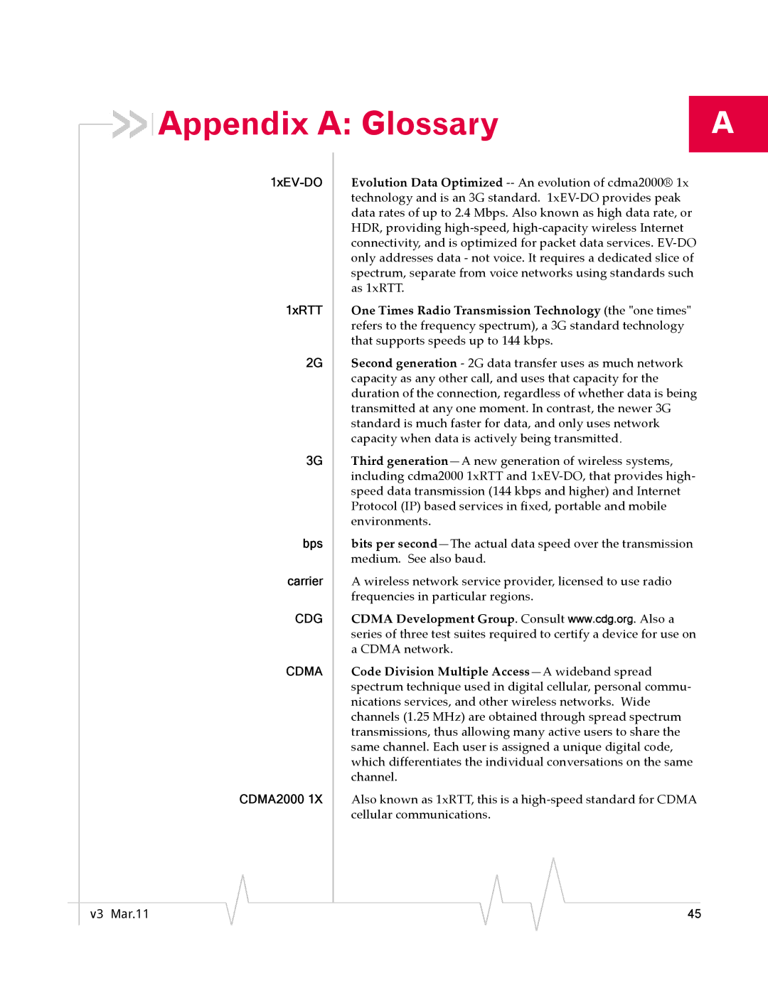 Sierra Wireless 2130374 v3 manual Appendix a Glossary, CDG Cdma 