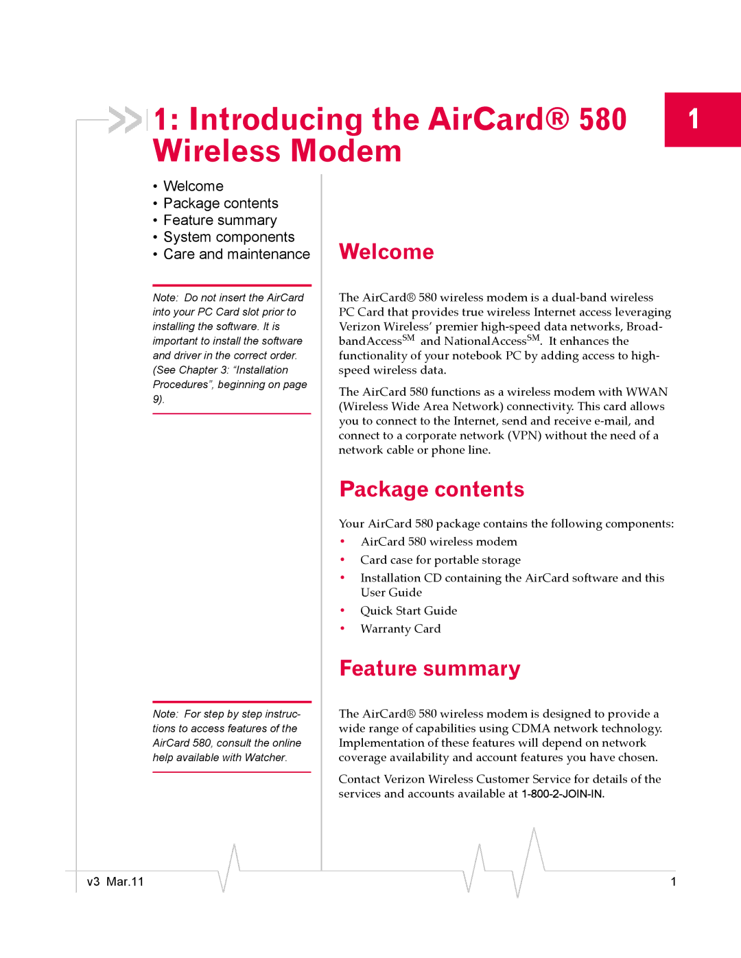 Sierra Wireless 2130374 v3 manual Introducing the AirCard 580 1 Wireless Modem, Welcome, Package contents, Feature summary 