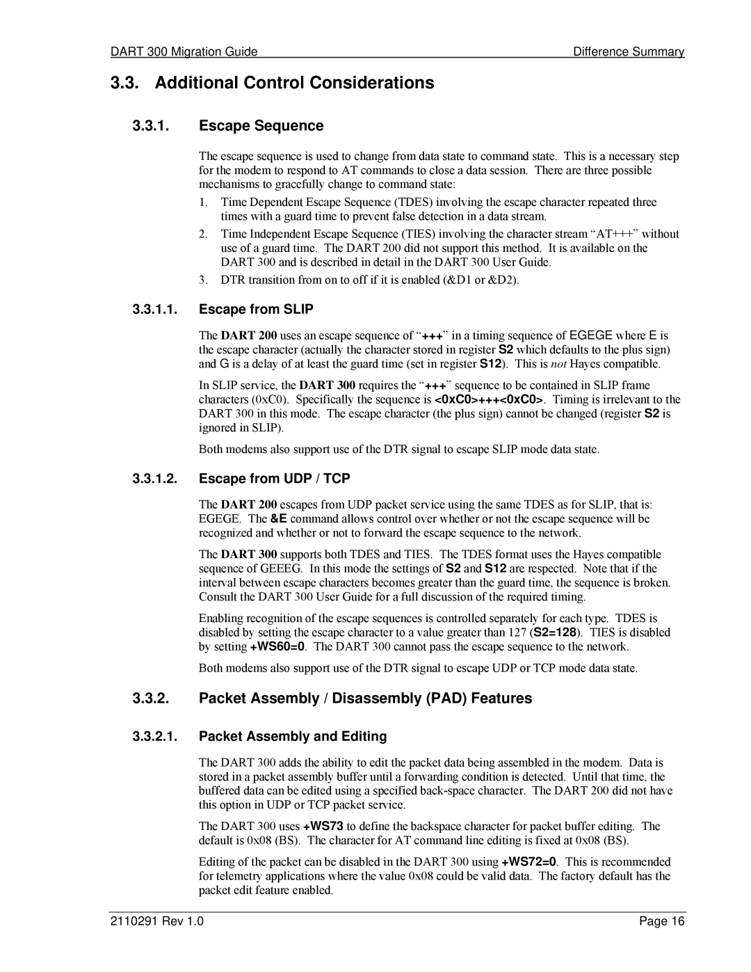 Sierra Wireless 300 manual Additional Control Considerations, Escape Sequence, Packet Assembly / Disassembly PAD Features 