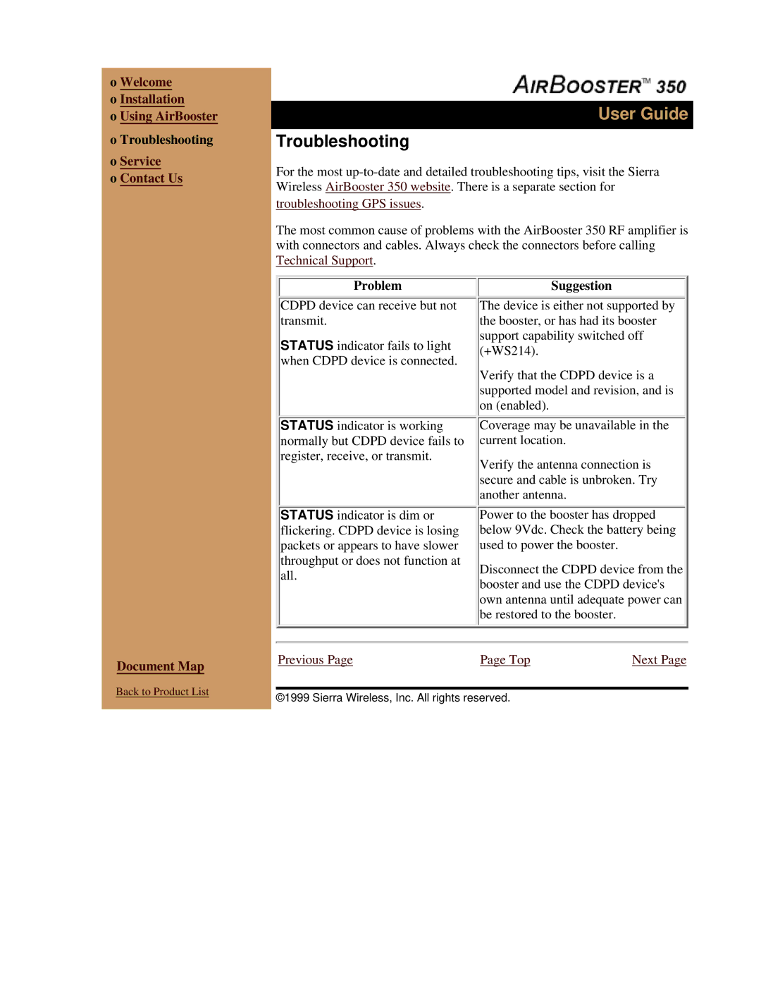 Sierra Wireless 350 Troubleshooting, Welcome o Installation Using AirBooster, Service Contact Us, Problem Suggestion 