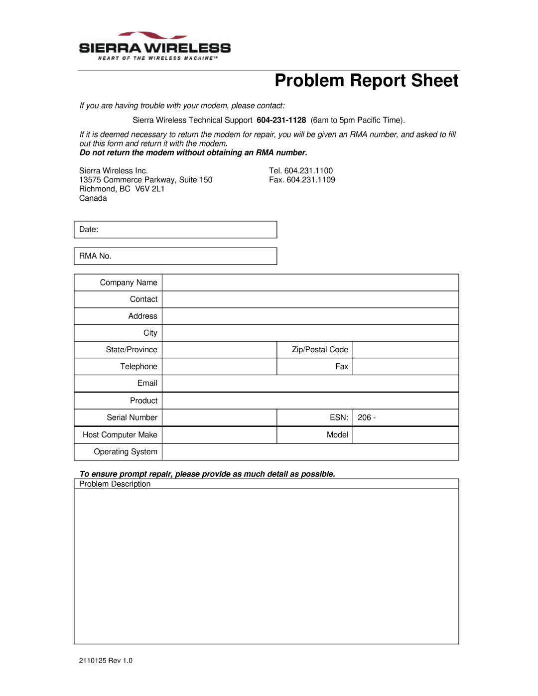 Sierra Wireless 350 specifications Problem Report Sheet 