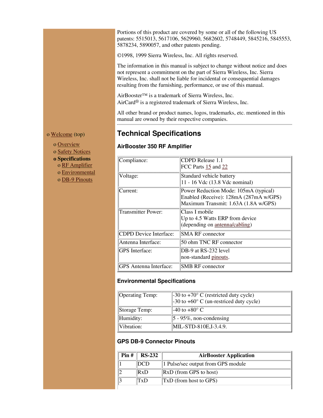 Sierra Wireless specifications Technical Specifications, AirBooster 350 RF Amplifier, Environmental Specifications 