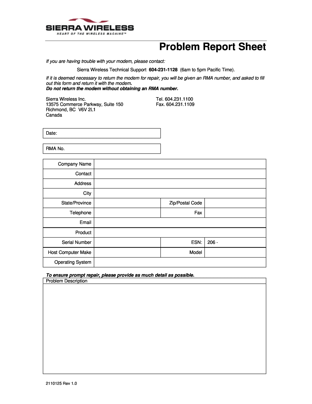 Sierra Wireless 350 specifications Problem Report Sheet 