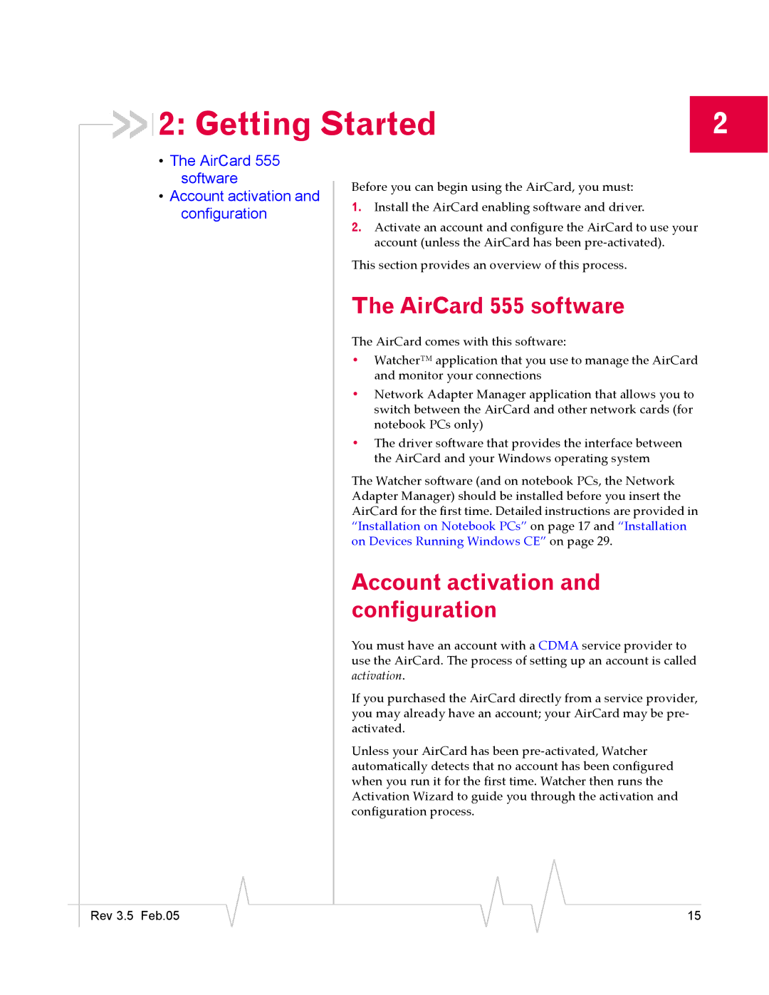 Sierra Wireless manual Getting Started, AirCard 555 software, Account activation and configuration 