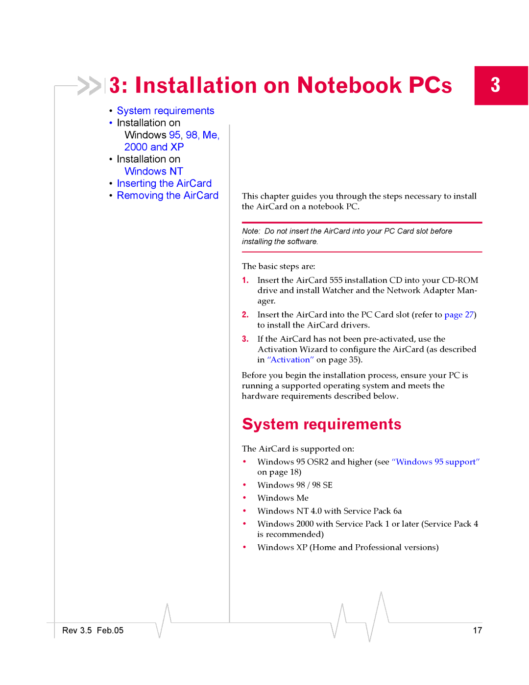 Sierra Wireless 555 manual Installation on Notebook PCs, System requirements 