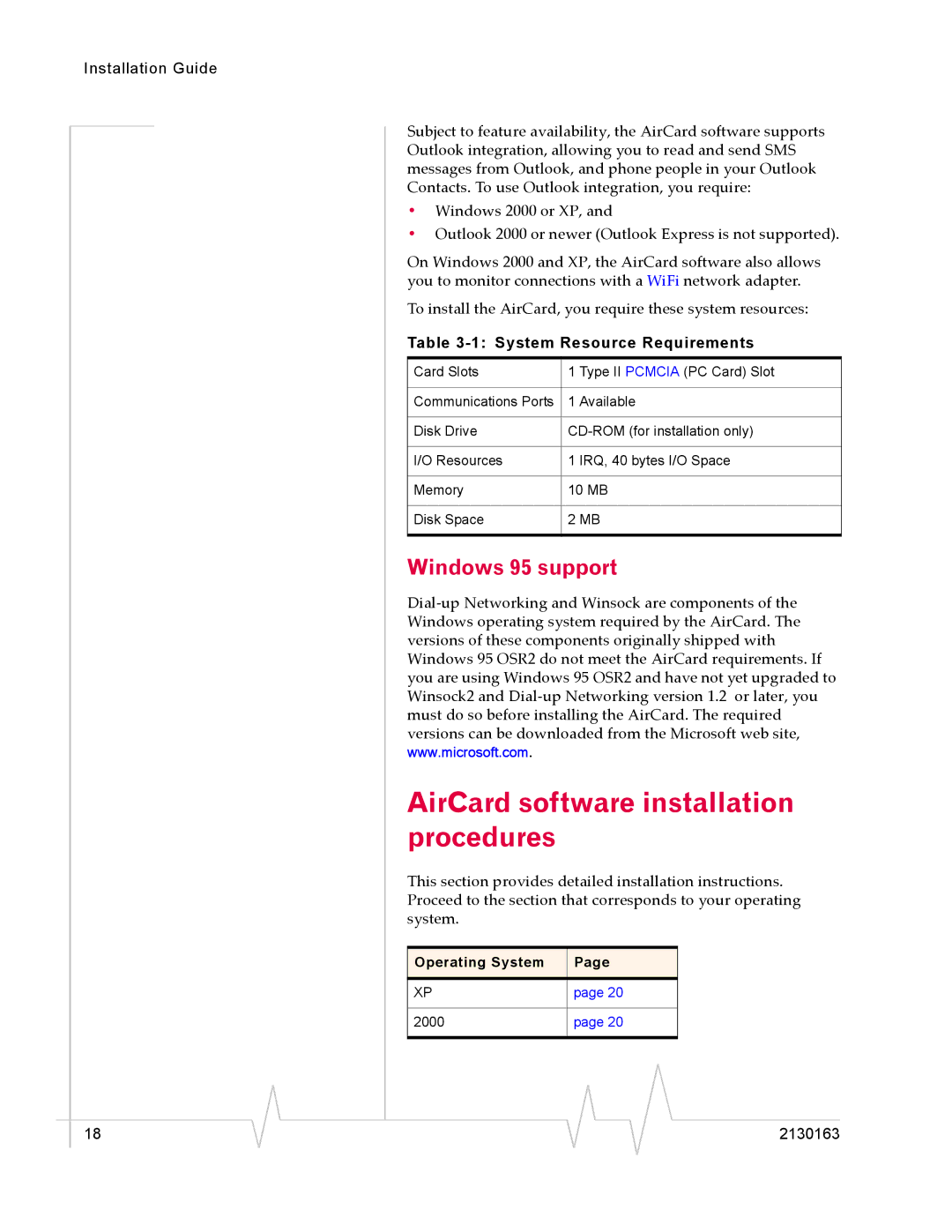 Sierra Wireless 555 manual AirCard software installation procedures, Windows 95 support 