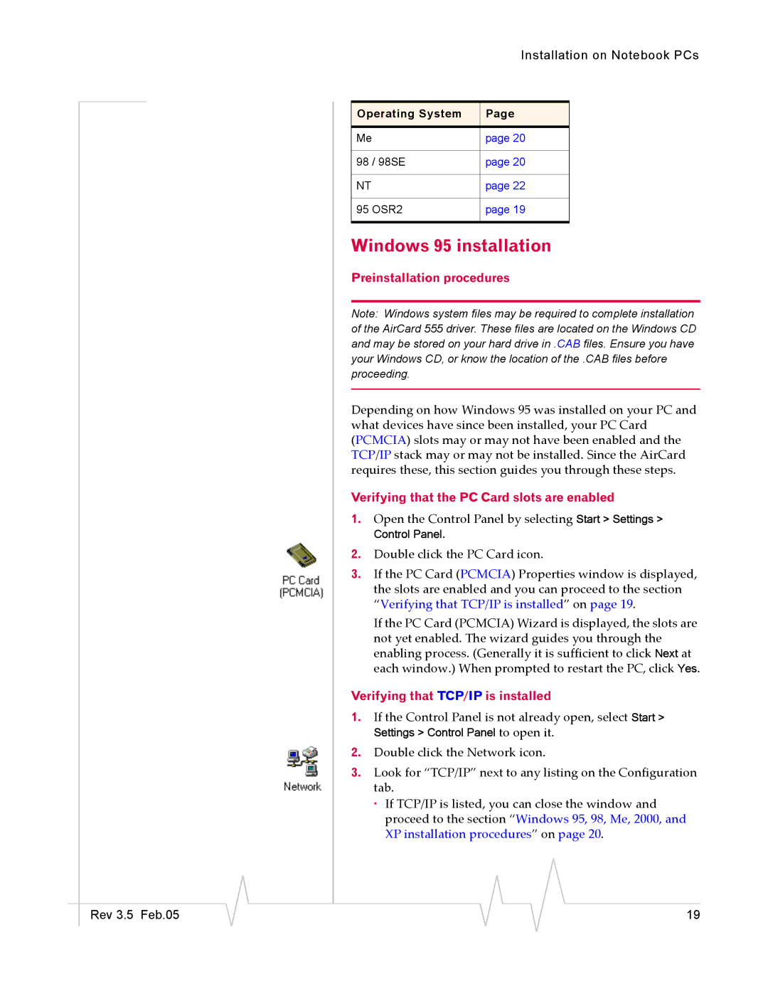 Sierra Wireless 555 manual Windows 95 installation, Preinstallation procedures 