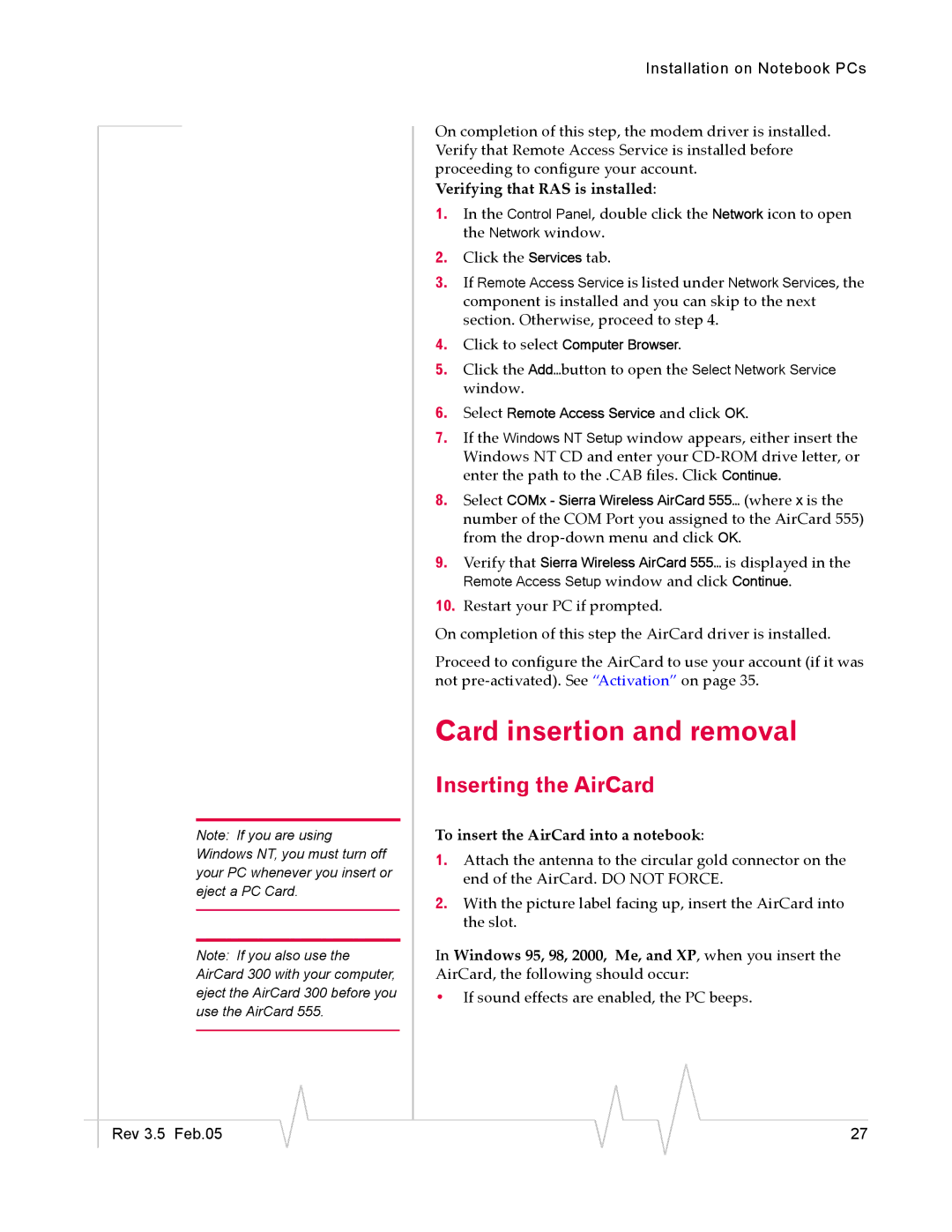 Sierra Wireless 555 manual Card insertion and removal, Inserting the AirCard 