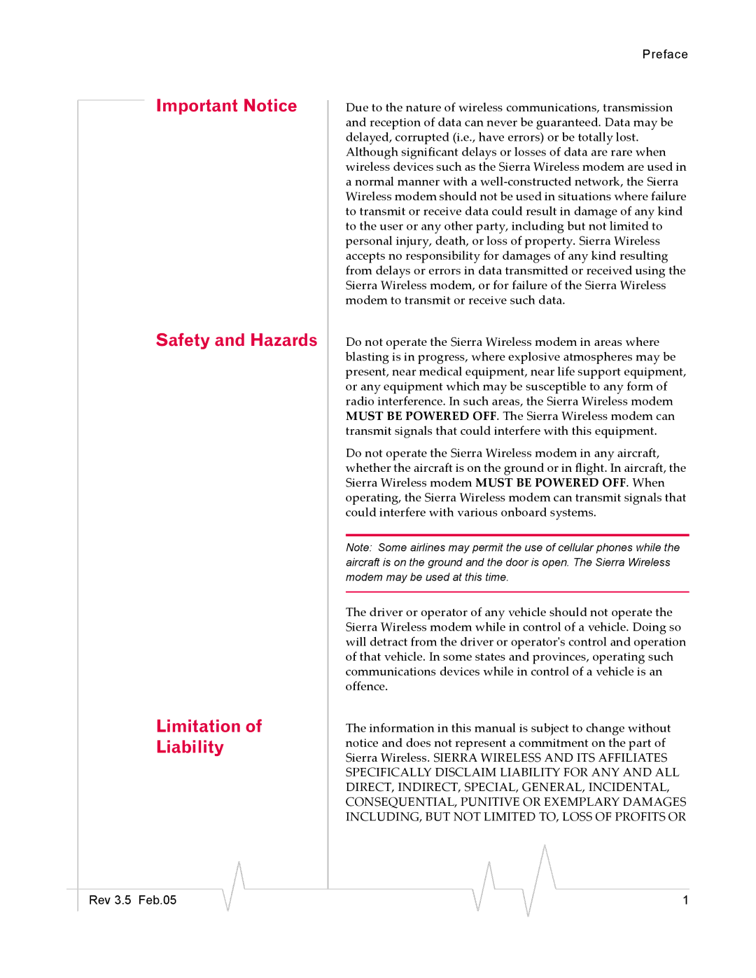 Sierra Wireless 555 manual Important Notice Safety and Hazards Limitation Liability 