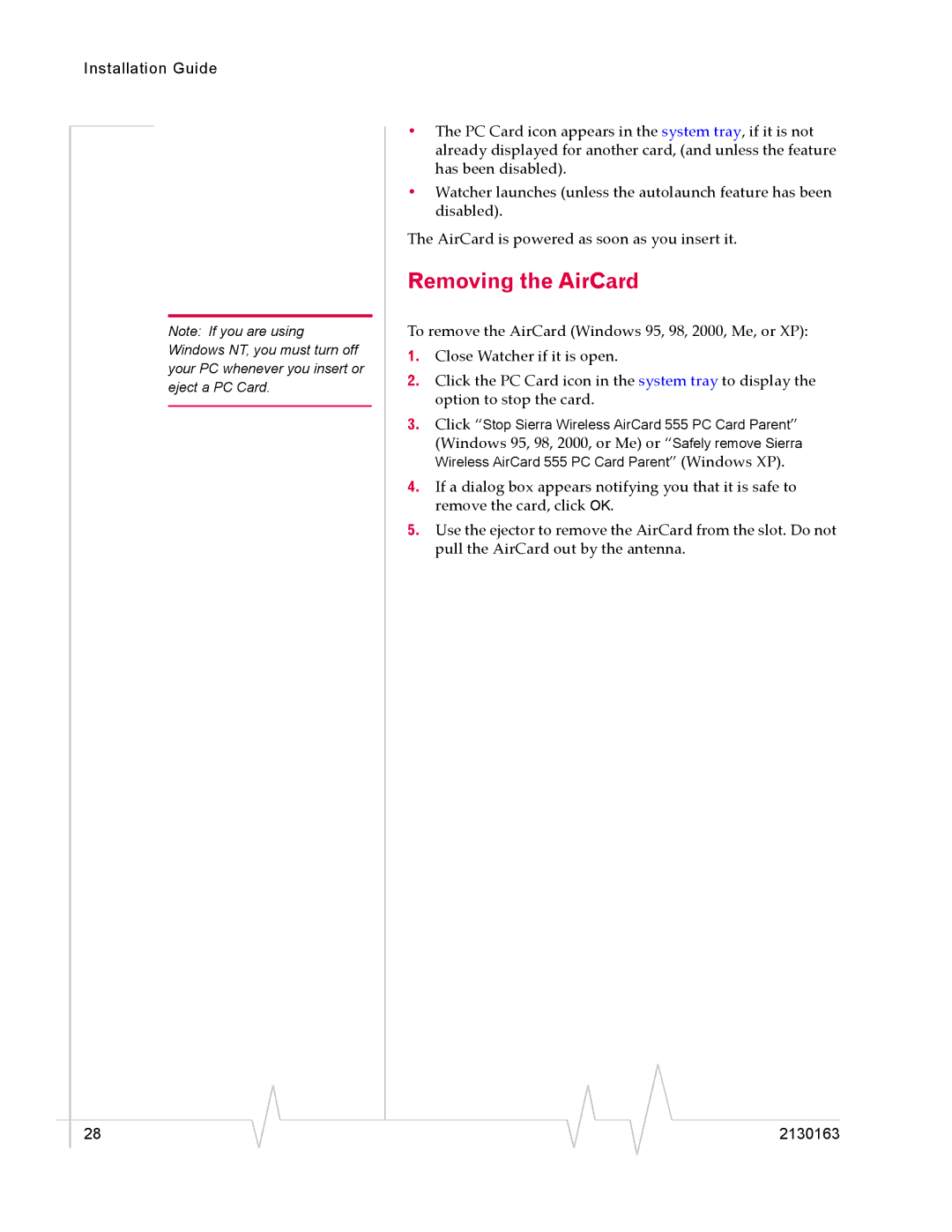 Sierra Wireless 555 manual Removing the AirCard 