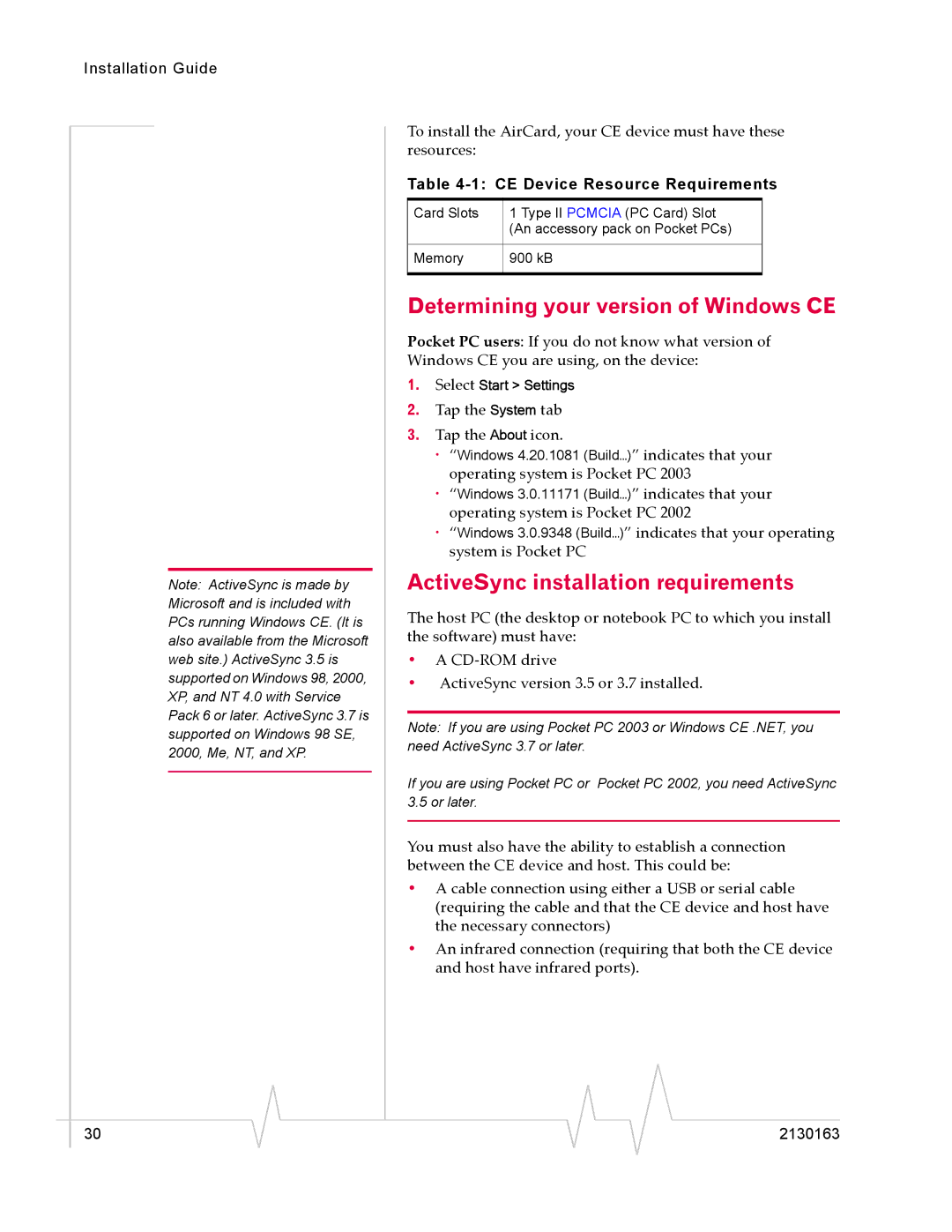 Sierra Wireless 555 manual Determining your version of Windows CE, ActiveSync installation requirements 